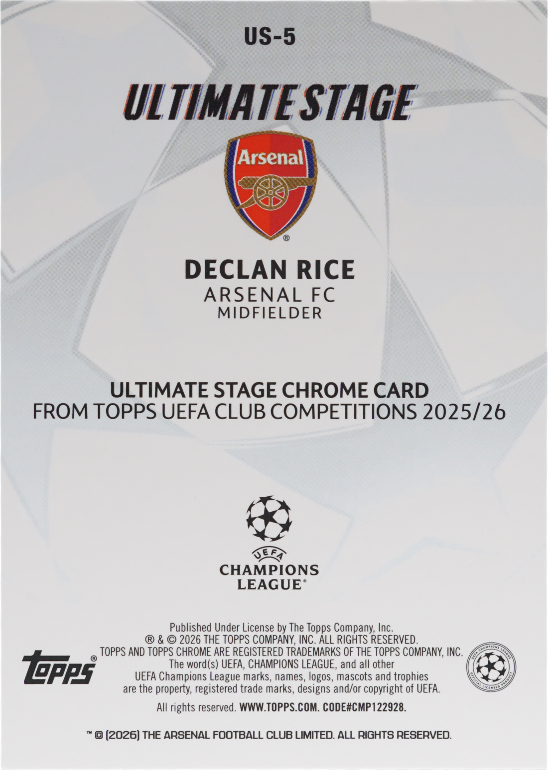 Object Card Pack Declan Rice · 2025 Topps UCC Ultimate Stage Chrome Gold Refractor · #16 ...