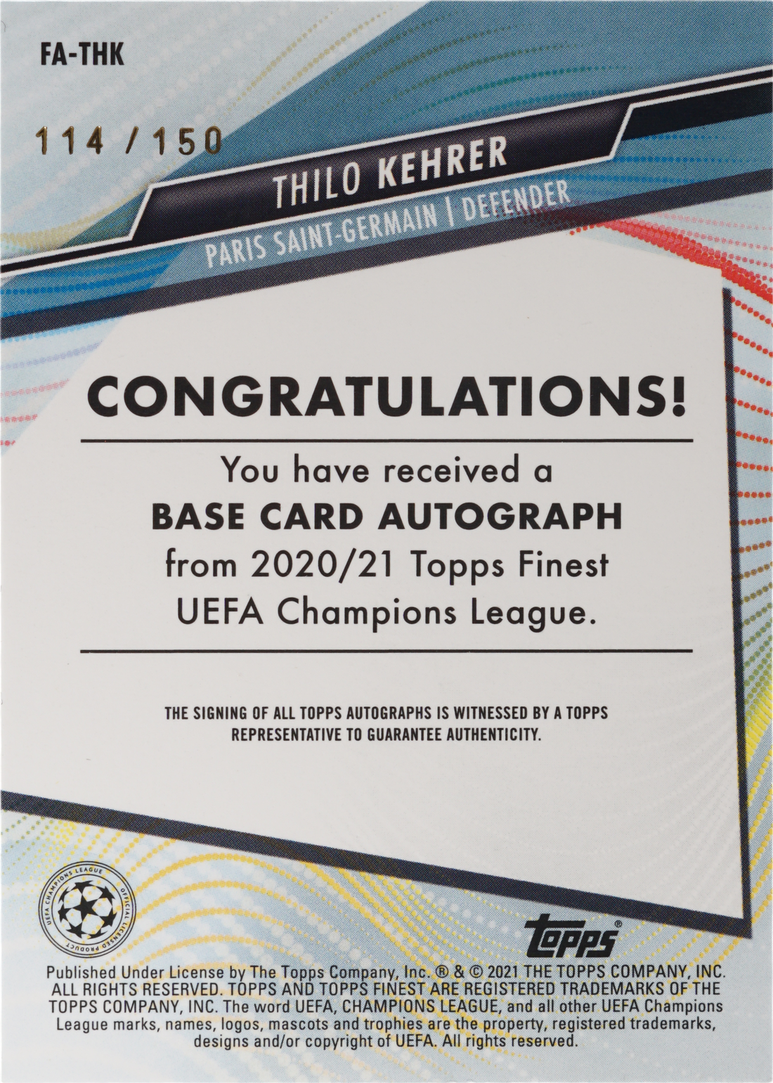 Object Card Pack Thilo Kehrer · 2020 Topps Finest UEFA Champions League Autographs Blue ...