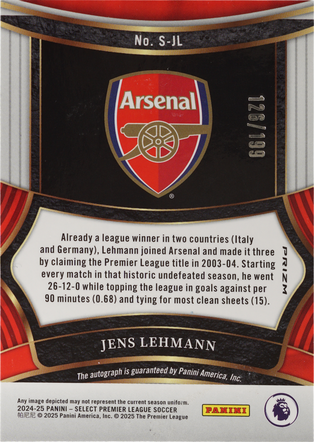 Jens Lehmann · 2024 Panini Select Premier League Signatures Purple ...